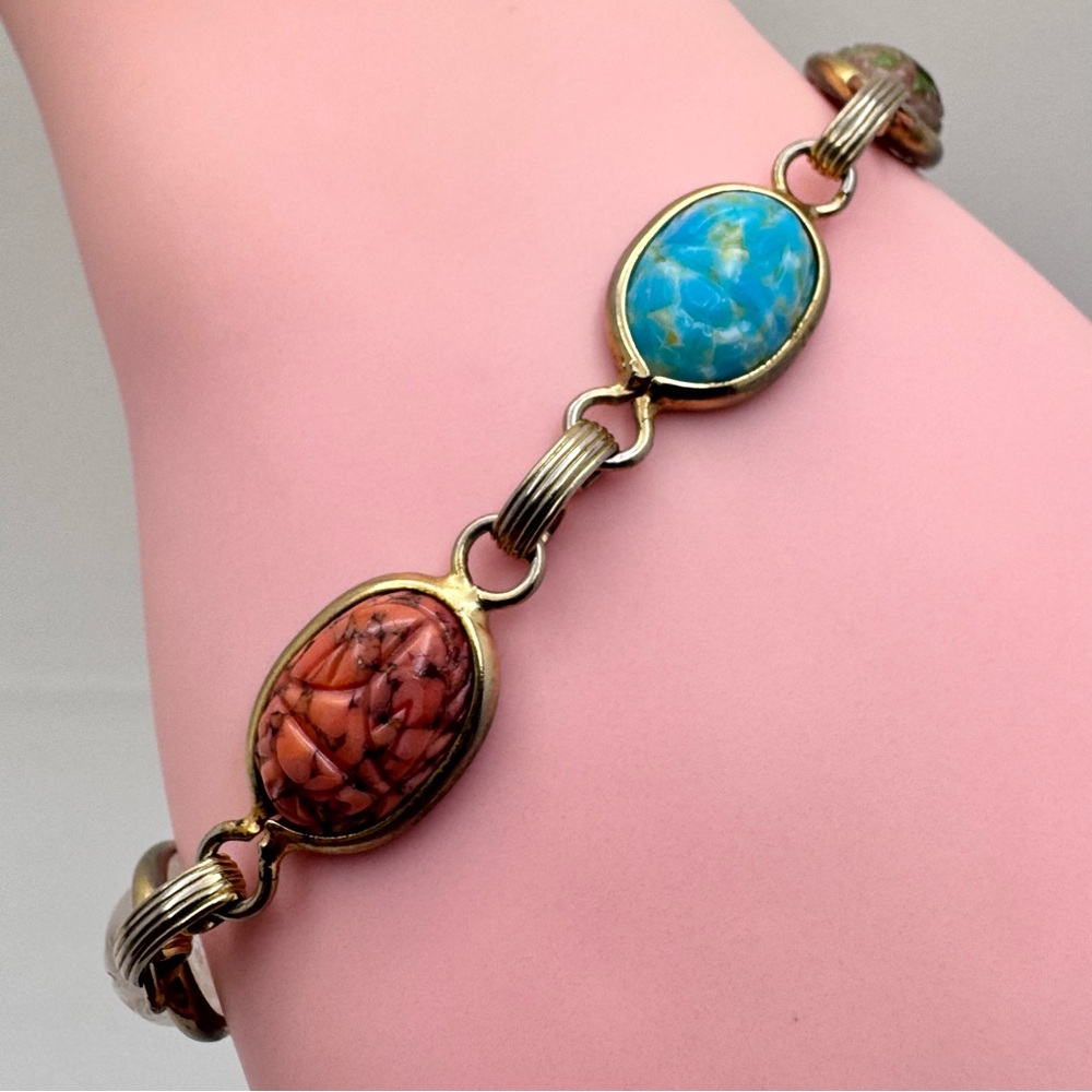 Vintage Carved Gemstone Bracelet Gold Tone Scarab Style Multi Stone Boho